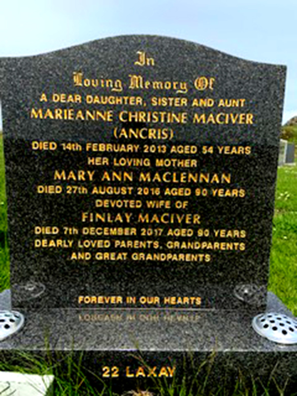 Photo of headstones/Mary Ann MacLennan d2015 hdstn Laxay New (Kinloch) cem Lewis